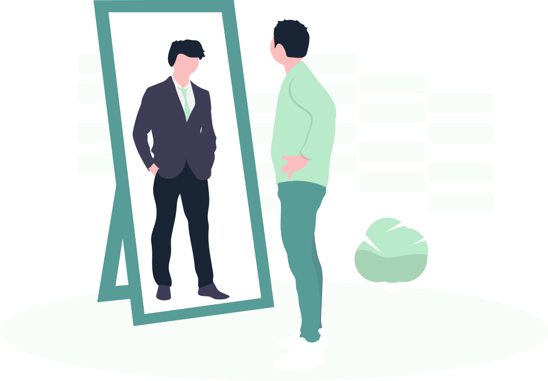 Person in casual wear looking into a mirror that reflects back the person in professional clothing