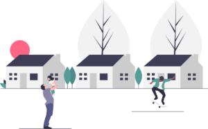 Suburb with houses and people