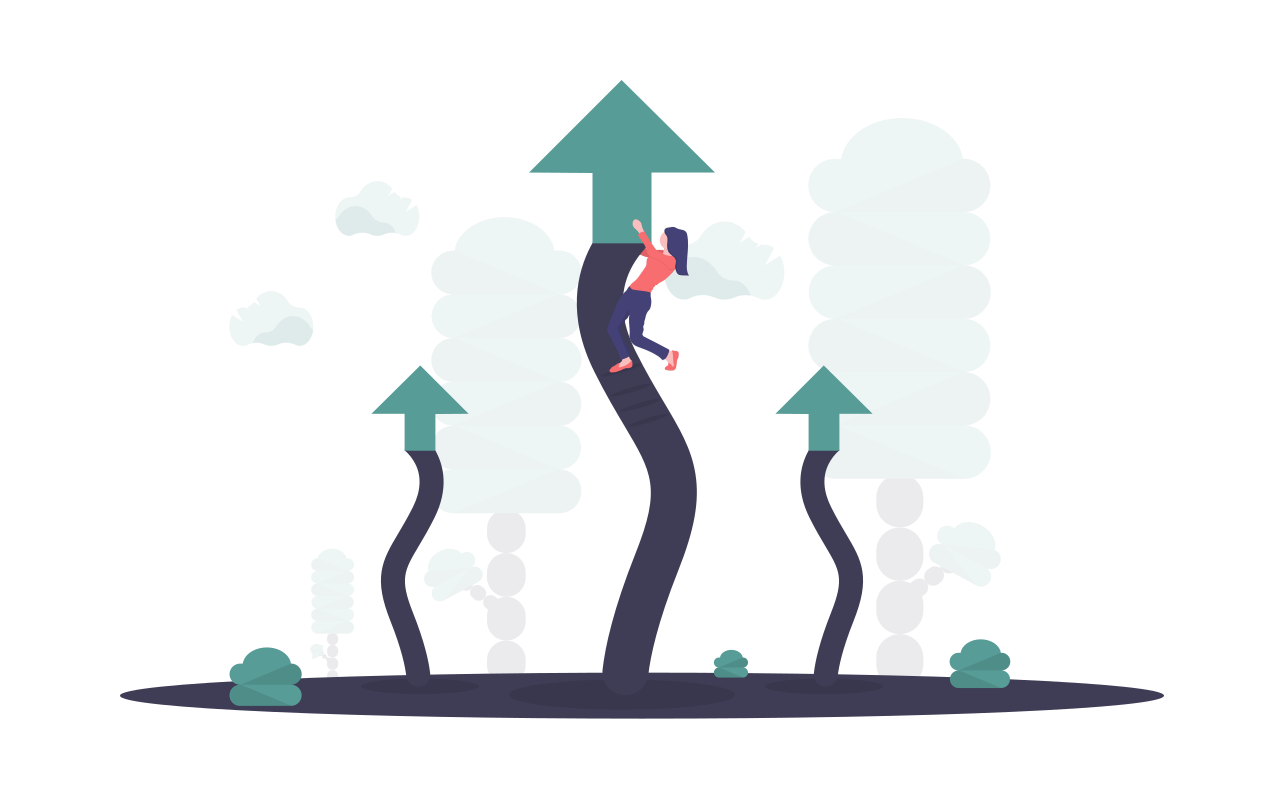 Arrows going upwards with a person near the top