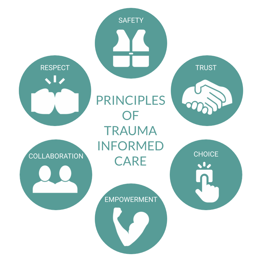 Principles of trauma informed care: safety, trust, choice, empowerment, collaboration, and respect