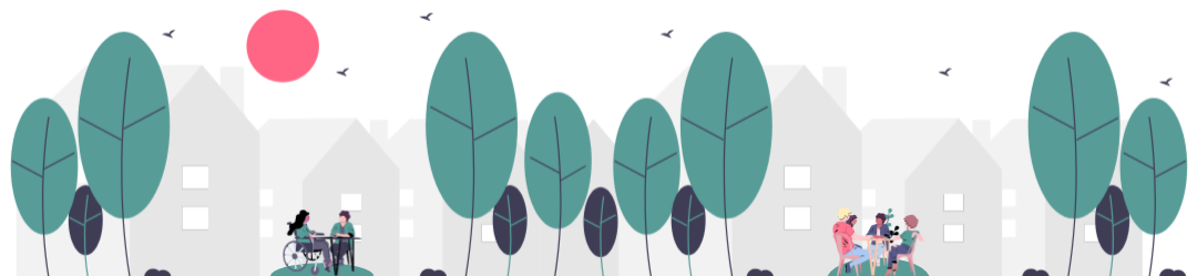 Clusters of people hanging out and talking against a backdrop of houses and trees